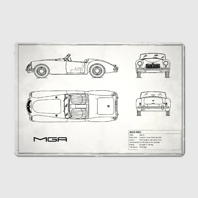 MGA Sports Car Blueprint Metal Sign Wall Mural Kitchen Design Wall Decor Tin Sign Poster Doom Decoration