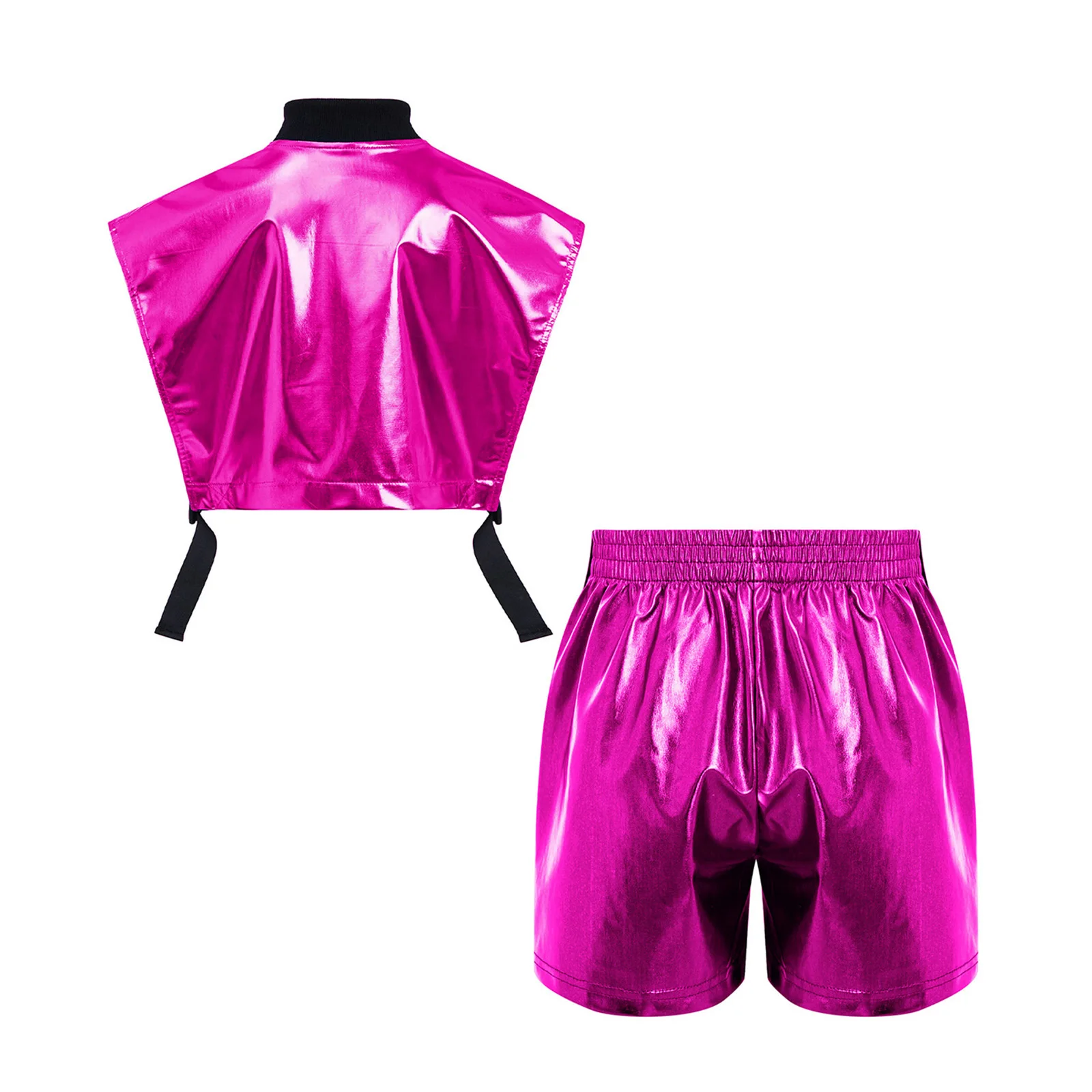 Kinder Mädchen Hip-Hop Jazz-Tanz-Outfit Aufführungskostüm mit seitlich geöffneter Metallweste mit Reißverschluss und seitlichen Druckknöpfen sowie glänzenden Shorts – Detail 17