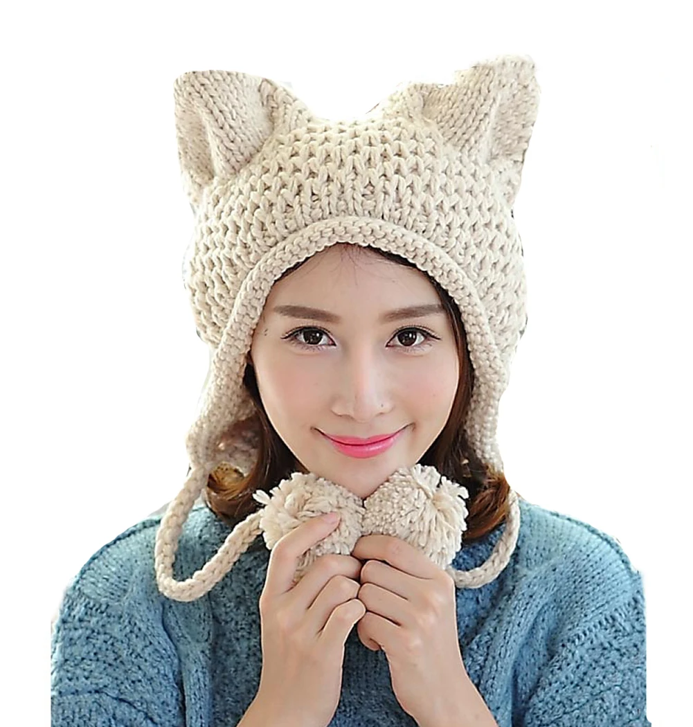 BomHCS Fox Ears Cat Ear New Women Winter Hat 100% Handmade Knitted Beanie Ear Muff Hat Cap