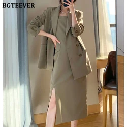BGTEEVER New Women Dress Suits Notched Collar Jacket & Sleeveless Slim Dress Elegant Ladies Blazer Set