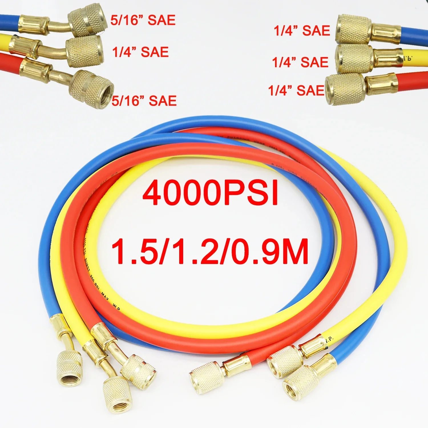 4000psi R410A 1.5M/1.2M/0.9M Refrigerant Air Conditioning Hose Fits for R410A 3 Way AC Charging Hoses Tube 1/4 Thread 5/16 inch