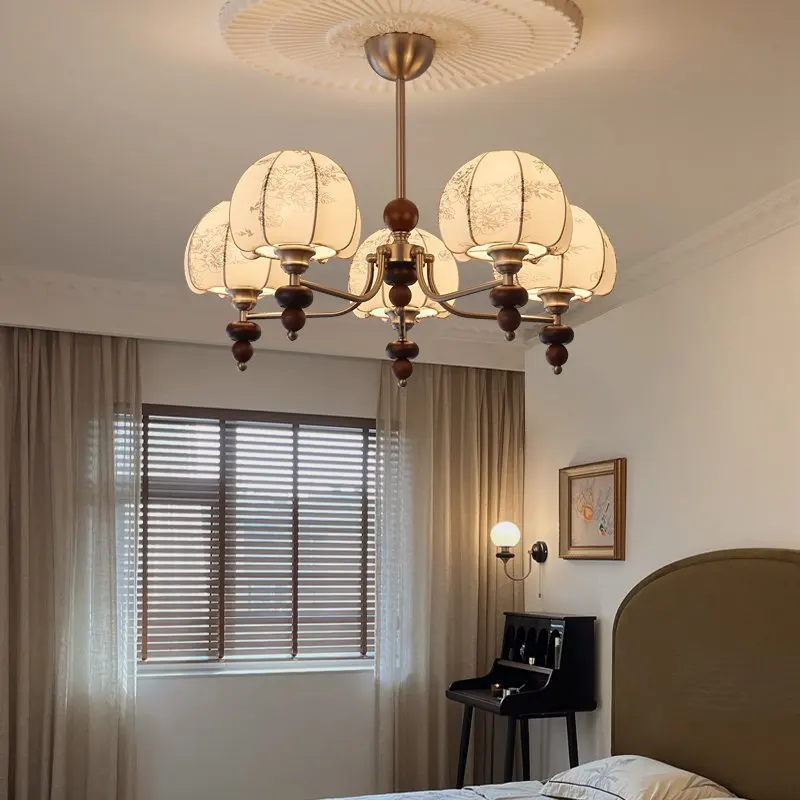 Medieval Vintage Wooden Chandeliers Hand Embroidered Fabric Lampshade Study Living Room Bedroom
