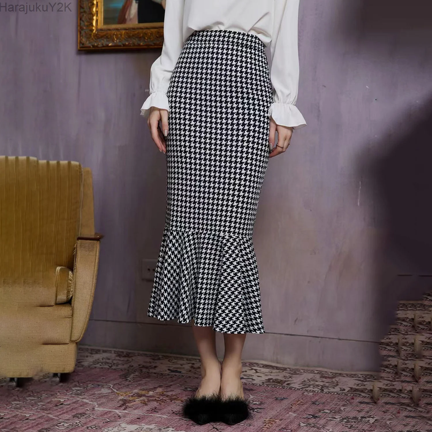 

Trumpet Skirts Women Minimalist Plaid Elegant All-match Retro Ladies Ulzzang Slim Sexy Empire Summer Folds Faldas Midi Classic