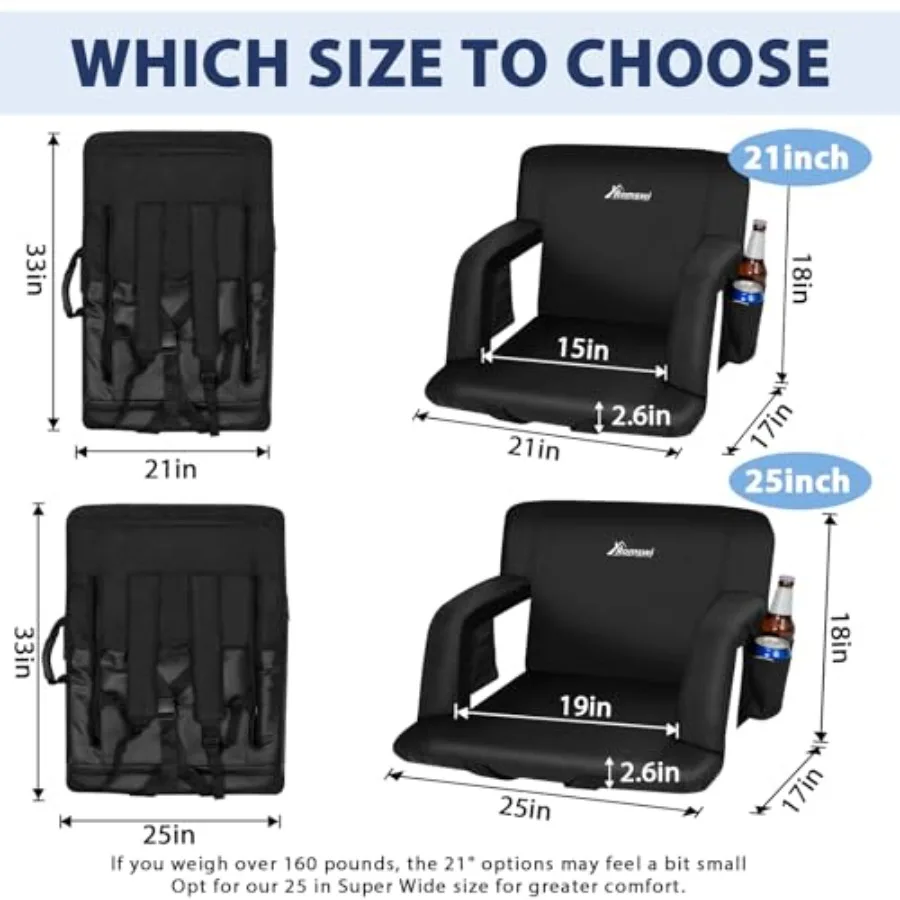 Outdoor Stadium Seat Backpack: Wide Reclining Bleacher Chair With Armrests, 6 Adjustable Angles, Hidden Hooks, Padded Straps, M