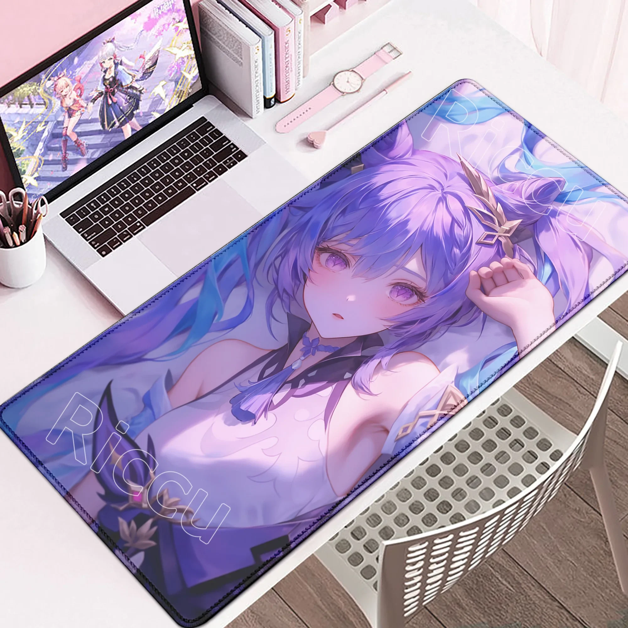 Mousepad HD Printing Anime Game Keqing XXL Genshin Impact, Alas Mouse Besar untuk Laptop Gaming PC, Alas Keyboard Seksi, Desk Mat Xxl
