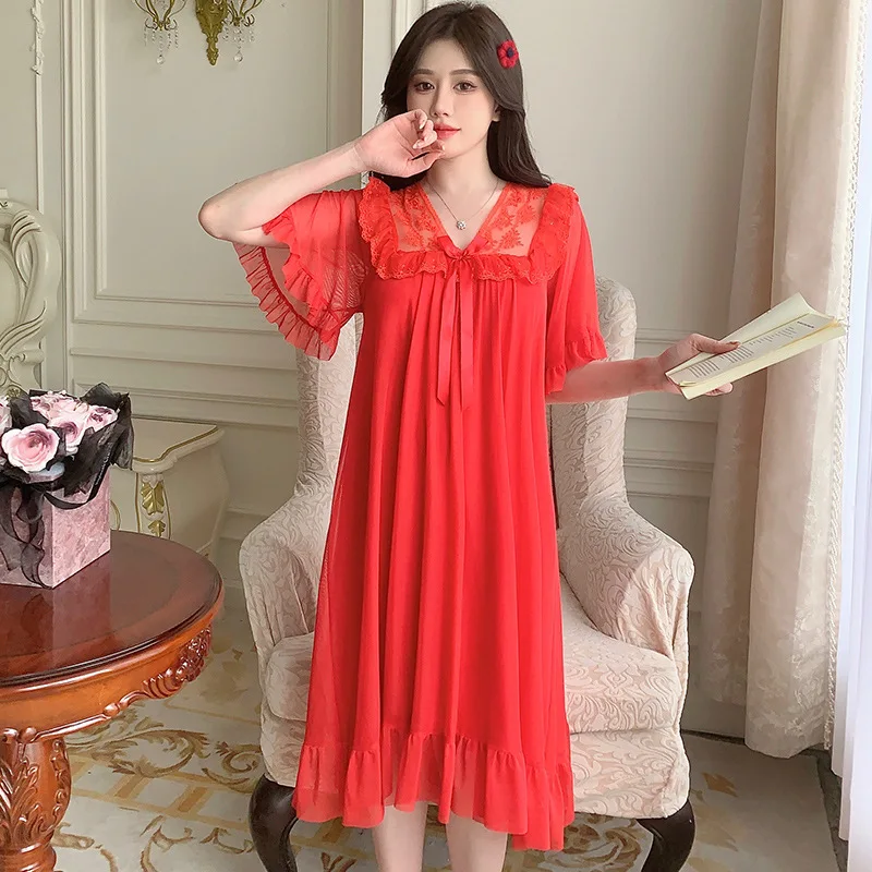 

Ladies' Lace Nightgown Sexy Solid V-Neck Bow Decor Short Sleeve Shirt Sheer Dress Princess Style Fit Summer Sleepwear Loungewear