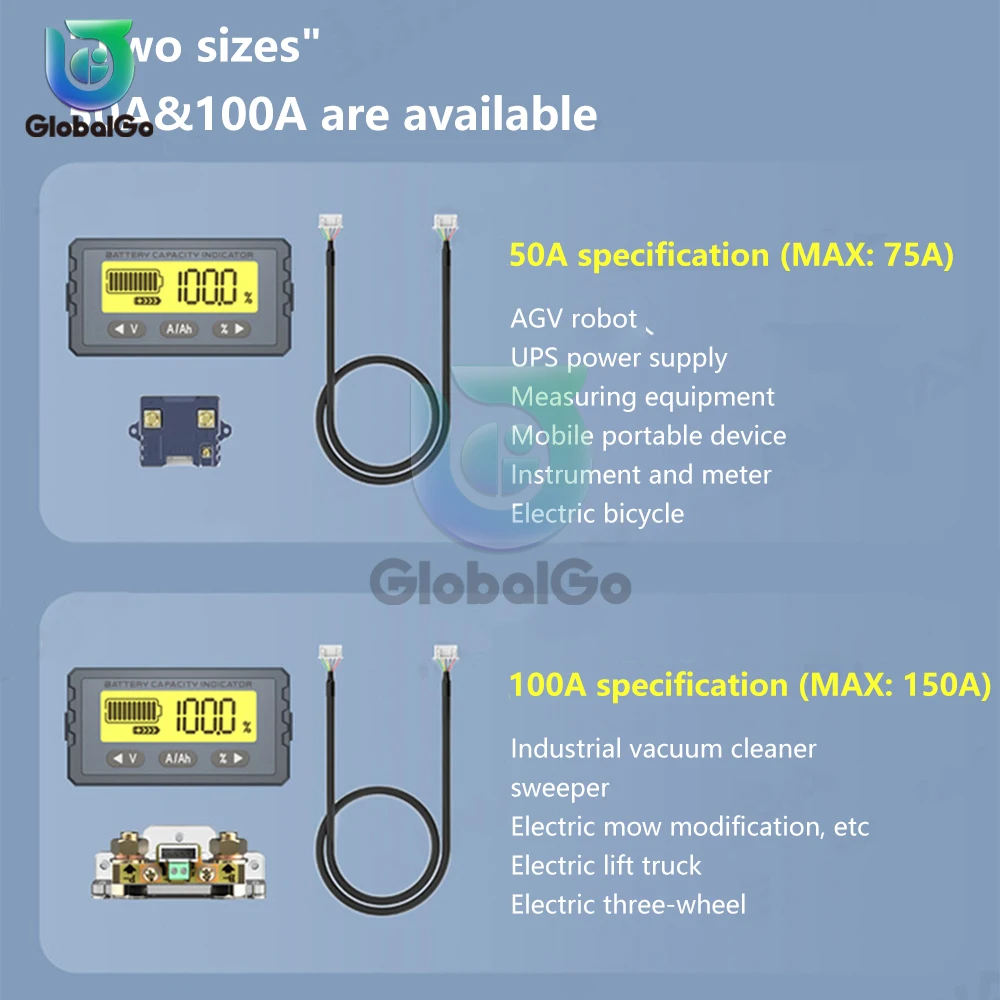 TY23 Battery Tester Capacity Indicator 8V- 120V 50A 100A Coulomb Counter Meter LCD Voltmeter Ammeter Li-ion Lifepo4 Detector