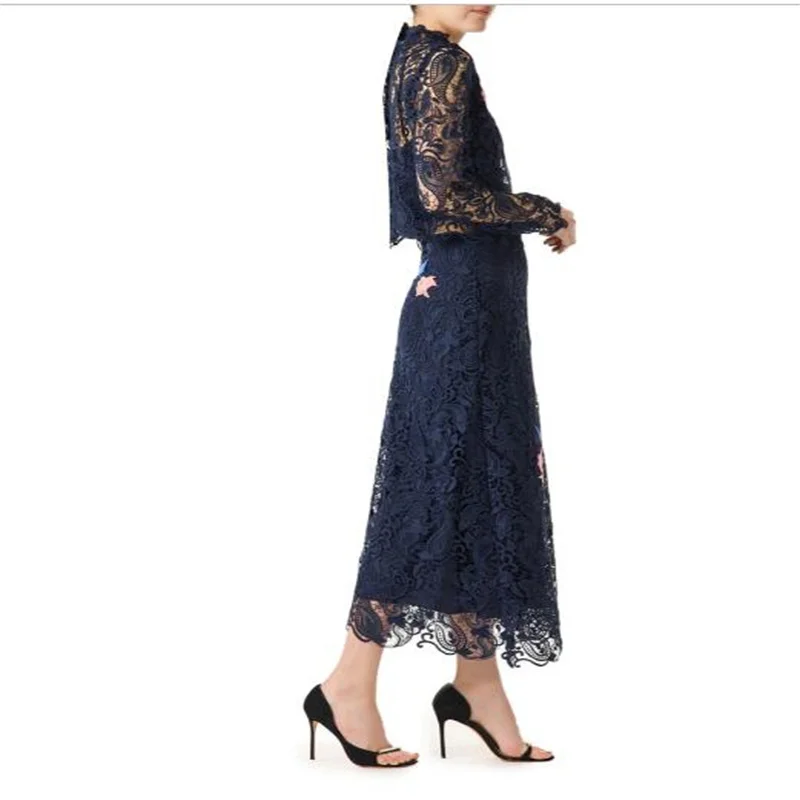 MULONG Hight Neck Dark Blue 2 Piece Mother Of The Bride Dresses  Full Sleeve Lace Tea Length Elegant  Women's Long Evening Dress