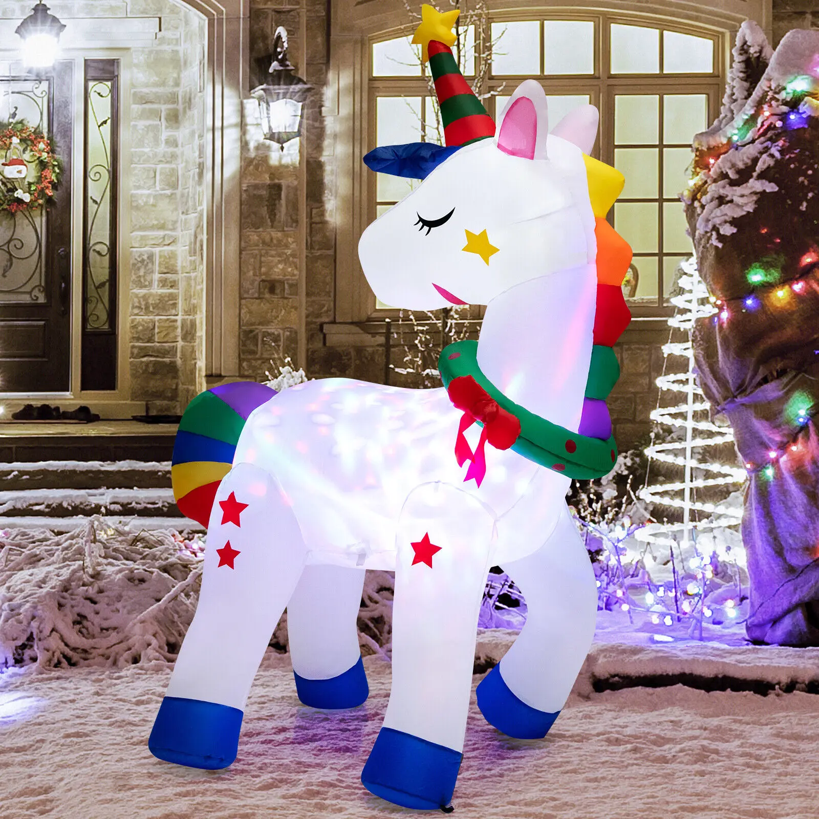 Costway 6FT Tall Christmas Magic Unicorn, Inflatable Unicorn Decoration with Rainbow