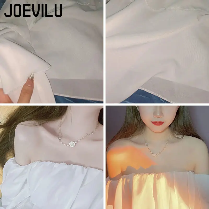 JOEVILU Chiffon Shirt Off Shoulder Ruffle White Blouse Spring and Summer Women\'s Casual Tops Ladies Korean Style Blusas Crop Top