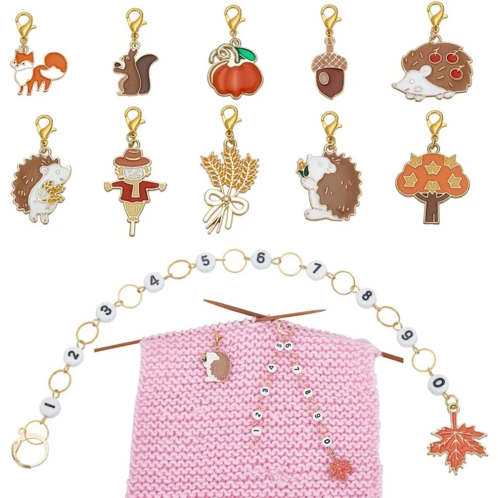 

11Pcs Alloy Number Knitting Row Counter Chains Antique Silver Autumn Theme Charm Locking Stitch Markers with Lobster Claw Clasps