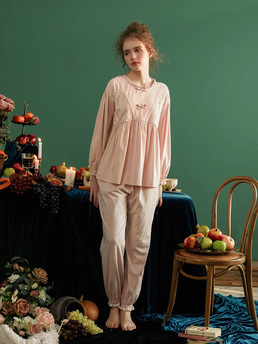 

New Vintage Princess Cotton Pajamas Sets For Lady Long Sleeve Royal Solid Color Sweet Sleepwear Suits Spring Autumn Home Clothes