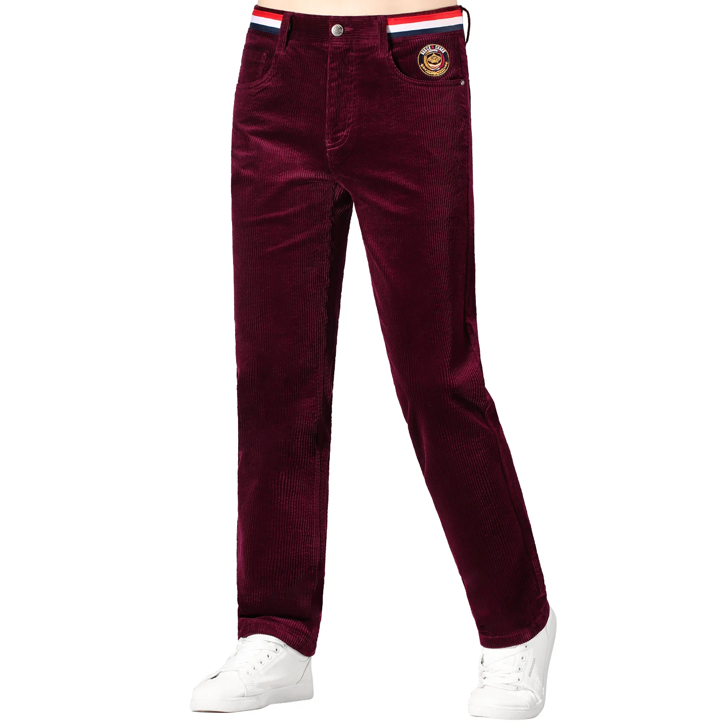 2025年冬用コーデュロイパンツ メンズ、カジュアルストレッチ厚手コットンメンズパンツ、レッドミッドウエストストレート韓国風パンツプラスサイズ
