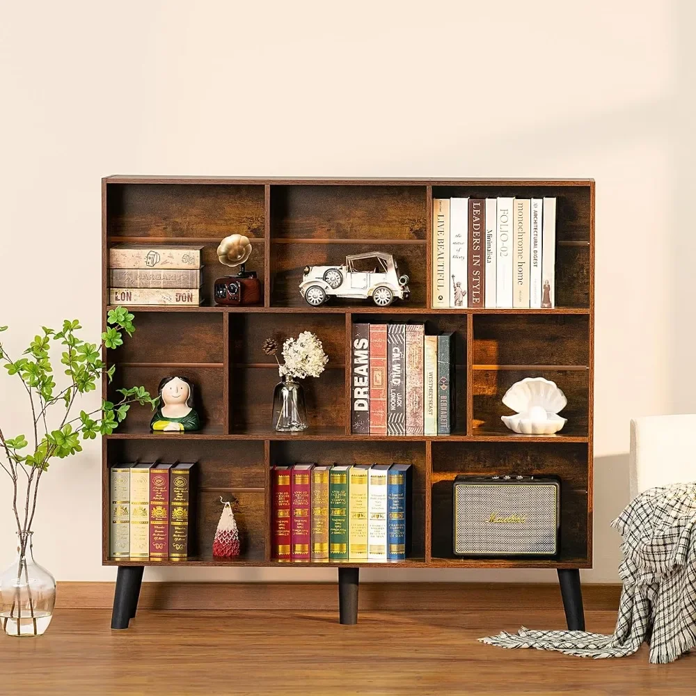 10 Cube Bookshelf,3 Tier Modern Wide Bookcase with Legs, Wood Bookshelves Storage, Freestanding Organizer Display Shelf