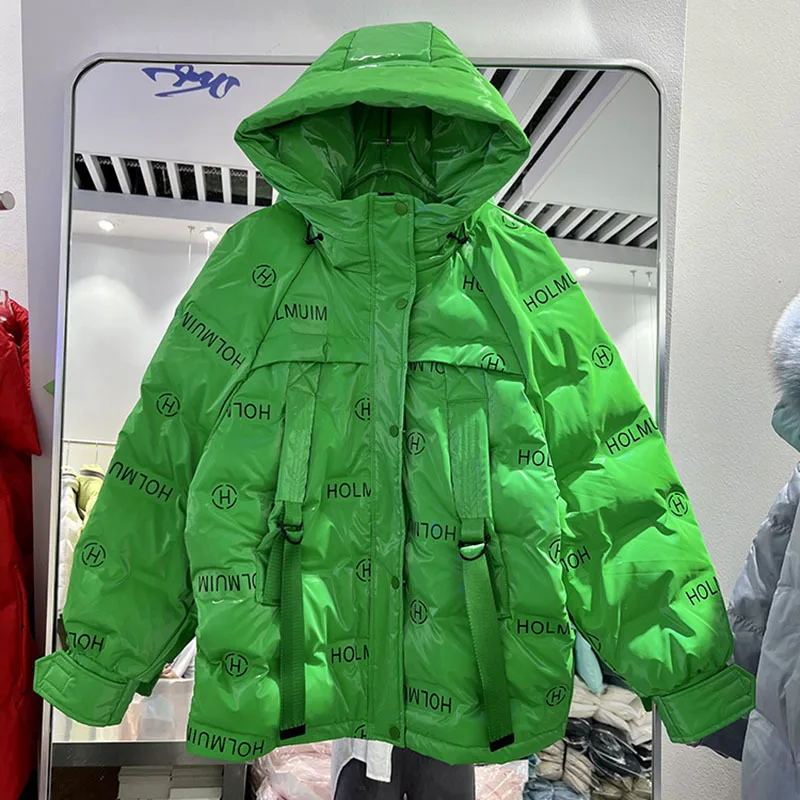 Winter Clothes Green Puffer Jacket Women Fashion Short Parkas Bright Candy Color Hooded Thick Warm Letter White Duck Down Coat