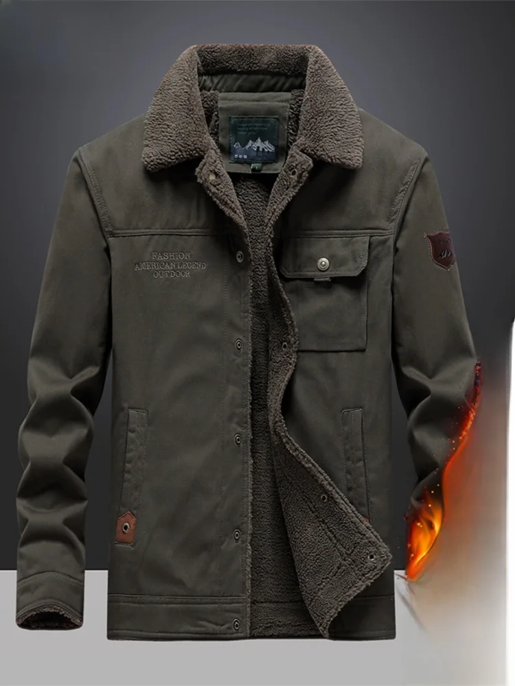 

Утепленное пальто из чистого хлопка с подкладкой из овечьего вельвета, свободного кроя, в стиле милитари, мужская верхняя одежда, теплое, с воротником-стойкой, с длинными рукавами