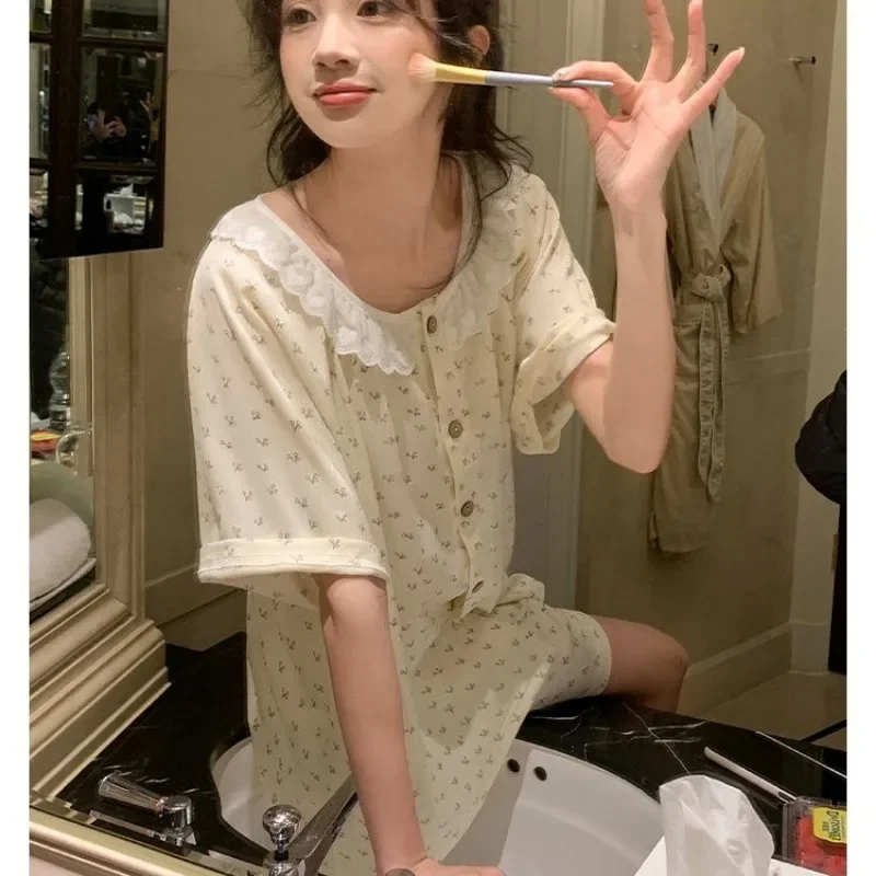 Cherry Sleepwear Women Korean Reviews Many Pajama Sets Summer Home Wear Short Sleeve Pyjamas Lace Two-piece Set Japanese Piiama