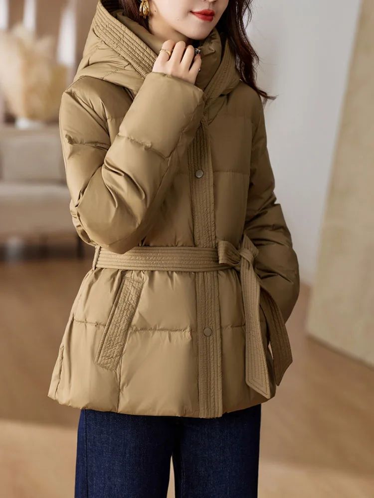 2023 Winter Women\'s Down Jackets Ultra Light Warm Casual Coat Female Puffer Jacket With a Belt Plus Size Hooded Parka Overcoat