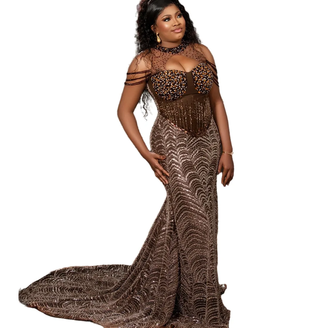 2024 Plus Size Mermaid Brown Prom Dresses Crystals Beaded Evening Formal Party Second Engagement Birthday Gowns Dress ZJ90