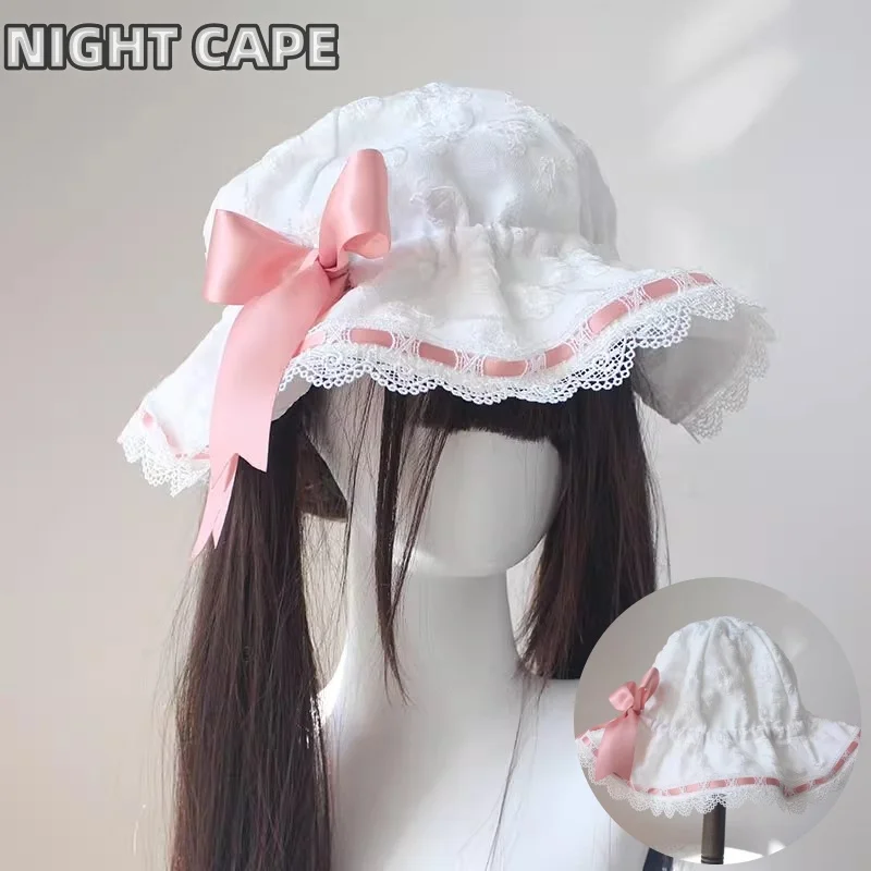 

Japanese Doll Sweet Lolita Baby Hat Lolita Lace Cute Bow Nightcap Women Summer Otaku Sun Hats Headpiece