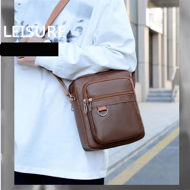 

New Fashion Men's Crossbody Bag Business PU Leather Shoulder Bags Men Solid Messenger Bag Men Zipper Bag