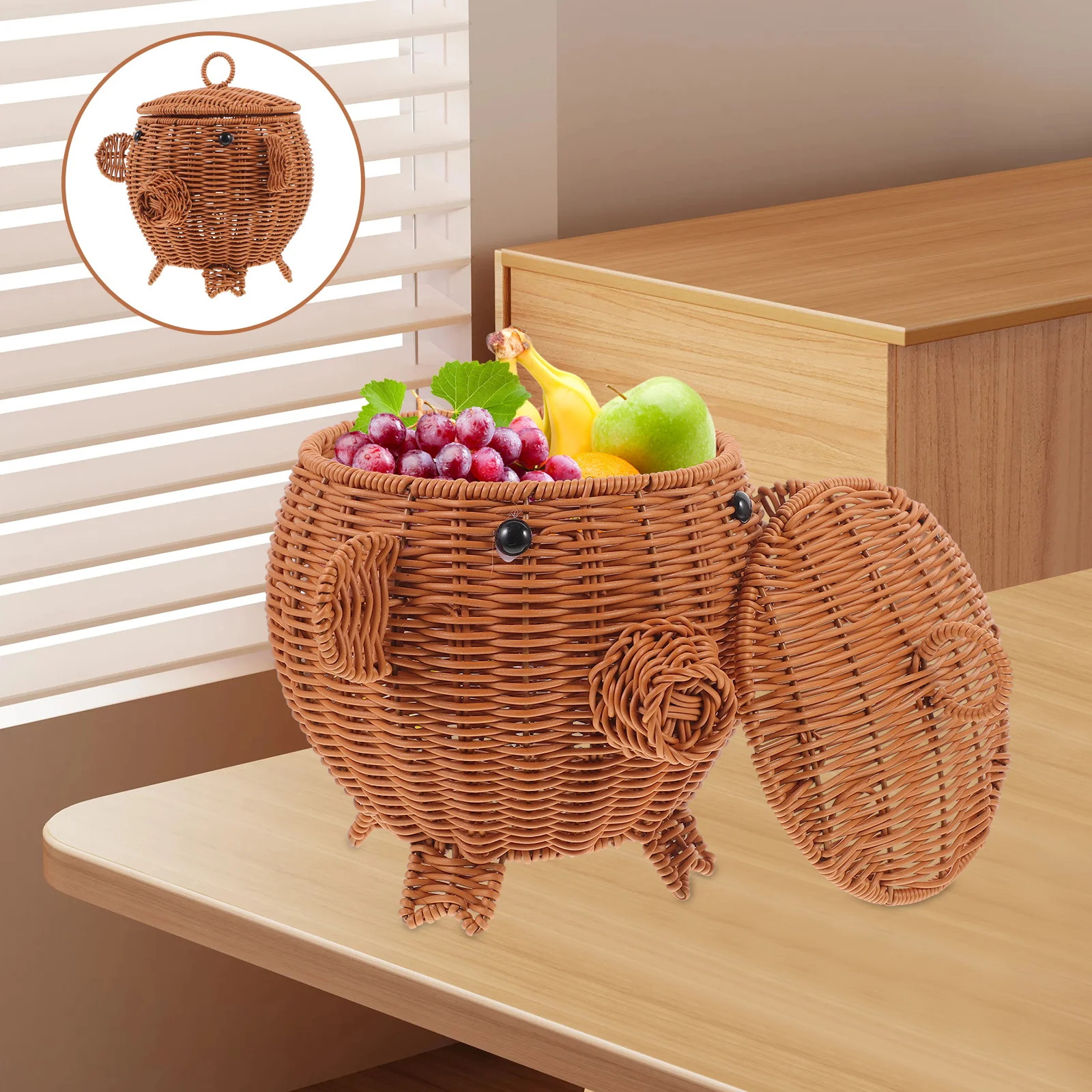 

Pig-Shaped Fruit Basket Imitation Rattan Woven Snack Storage Basket For Kitchen Table Home Organizer Multi-Use Sundries
