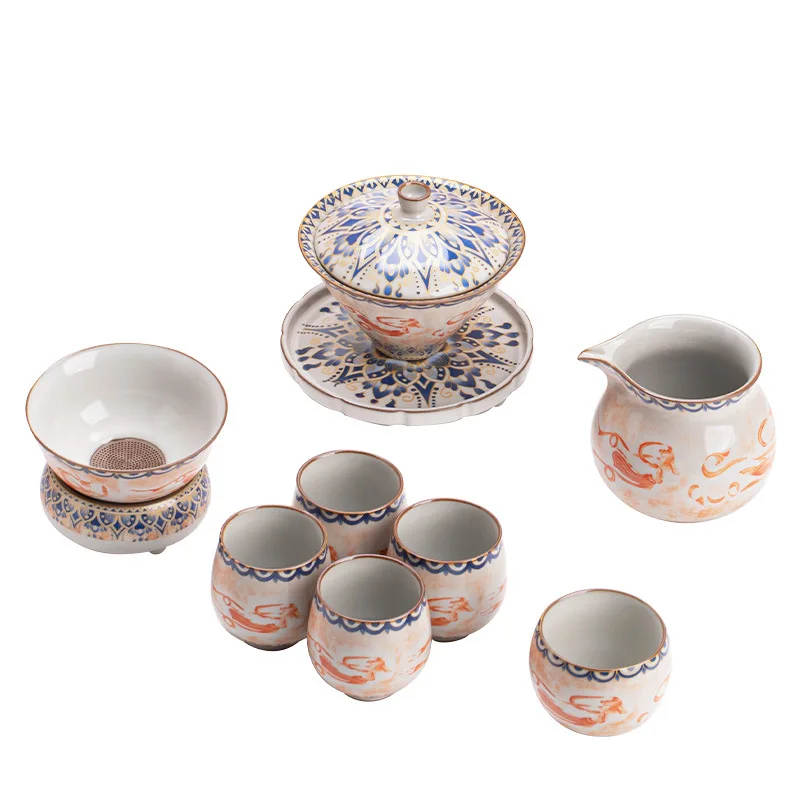 Ru Kiln Dunhuang Feitian Gaiwan Teacup Tea Set Ceramic National Tide Wind Tea Bowl Tea Cup Gift Box