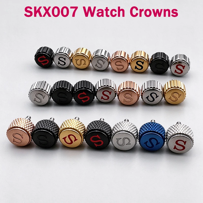 SKX007 Watch Crowns 7mm Silver/Rose/Black/Gold/Blue Watch Parts Replacement S Crown Fits NH35 NH36 4R35 4R36 Movement Crown