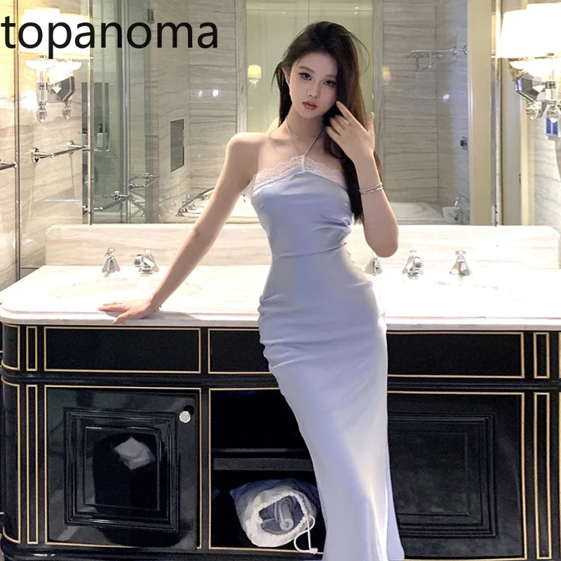 Topanoma-vestido de noite sexy para mulheres, patchwork rendas, sem mangas, colar halter, vestido de cocktail elegante, sem encosto, moda festa de casamento