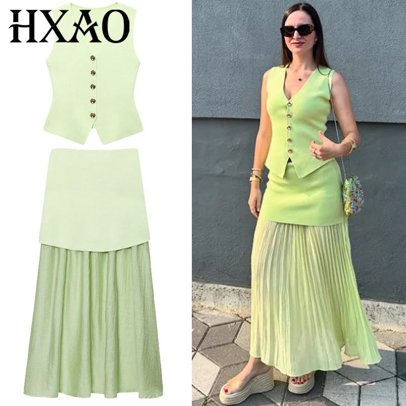 Hxao conjunto de saia verde feminino, duas peças, malha colheita, sem mangas, botão, top, colete, plissado, cintura alta, roupas de férias