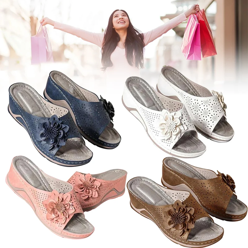 

Suede Leather Soft Footbed Orthopedic Arch-Support Sandals For Women Flower Hollow Design Summer Beach Shoes Female Wedges Shoe