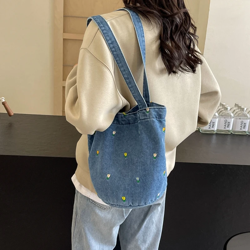 1 piece pure color denim large capacity tote bag fashion one shoulder women\'s bag can hold ipad