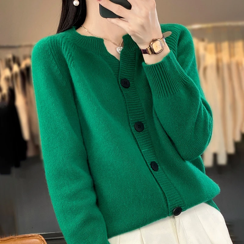 

Новое поступление весны и осени, женский классический шерстяной вязаный свитер с длинными рукавами и круглым вырезом на пуговицах, высококачественный свободный базовый топ