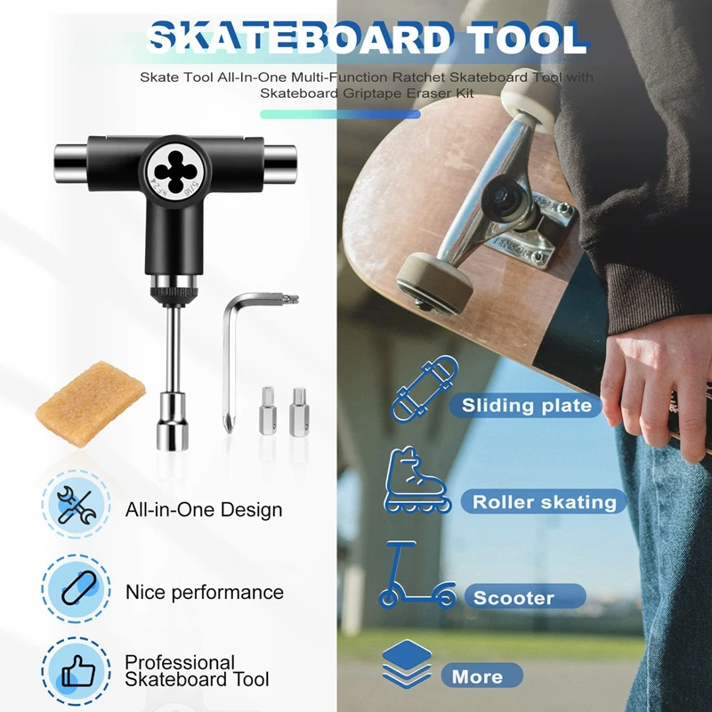 Top!-Skate Tool Integration Multi-Function Ratchet Skateboard Tool with Skateboard Griptape Eraser Kit