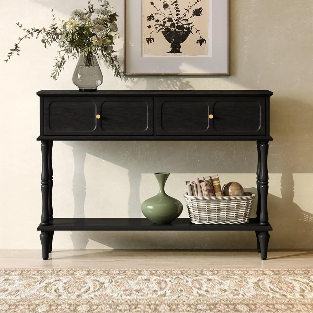 Mid-Century Console Table for Entryway with 2 Drawers, Black Retro Entryway Table with Storage Cabinets and Open Shelf