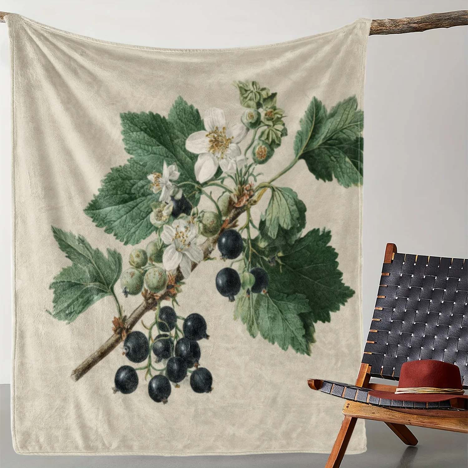 1 manta de franela de vid y uva botánica Vintage de Zeal Lily, suave y cálida para todas las estaciones, patrón de hojas verdes y marrones con negro