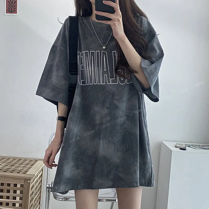 Tie Dye Gradient Loose Tops Tees Summer New Round Neck Short Sleeve Plus Size Pullovers Korean Style Fashion Women Clothing