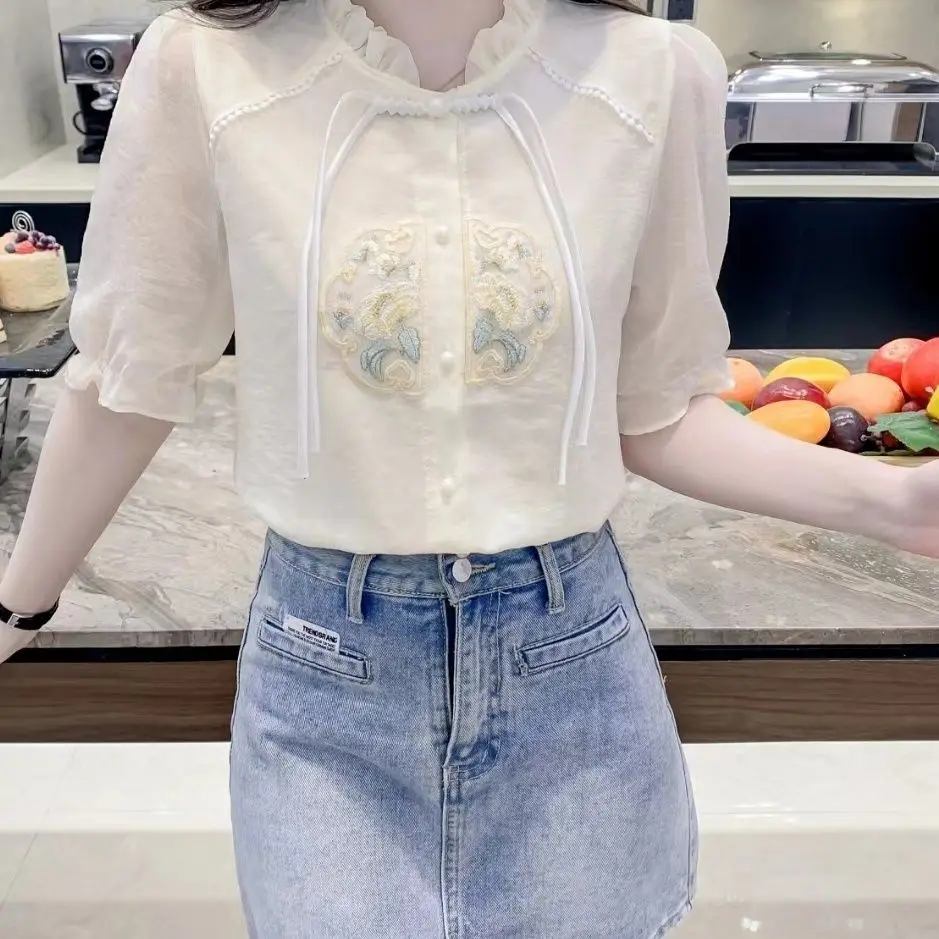 Nationalen Stil Bestickt Kurzarm Shirt frauen Sommer Neue Mode Elegante Slim Fit Neue Chinesischen Stil Top