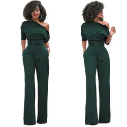 Women's S-2XL Size Hot Selling European And American Classic Solid Color Slanted Collar Button Jumpsuit Wide Leg Pants 2024