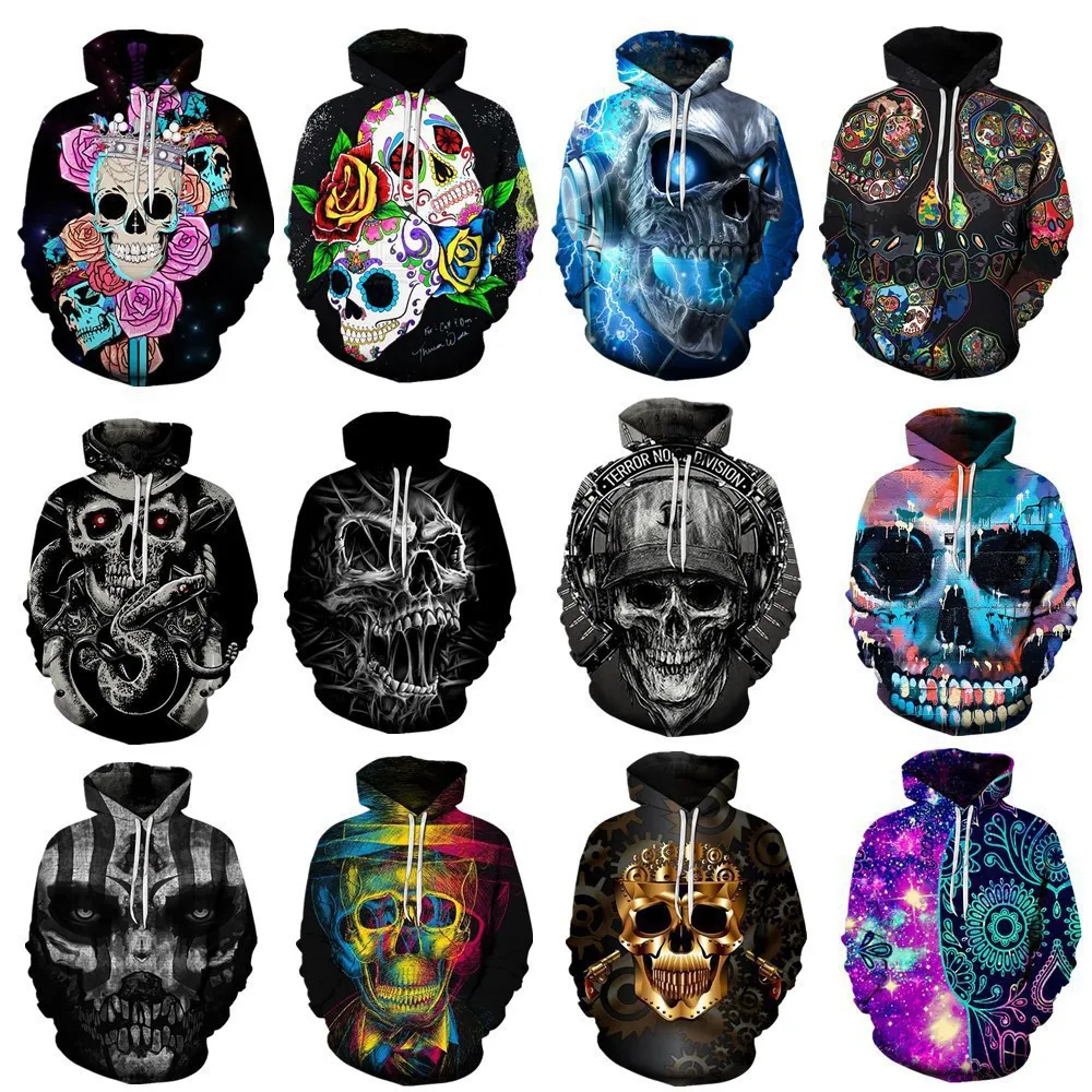 New Halloween Sweater Scary Skull Head Pumpkin 3D Digital Print Men's and Women's Autumn/Winter Hooded Hooded Sweater a01