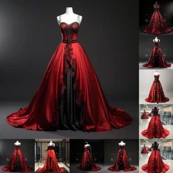 Vestido de noche de satén rojo con borde de encaje negro, apliques, longitud hasta el suelo, cordones, fiesta de cumpleaños, ropa elegante, falda de princesa, W1-13