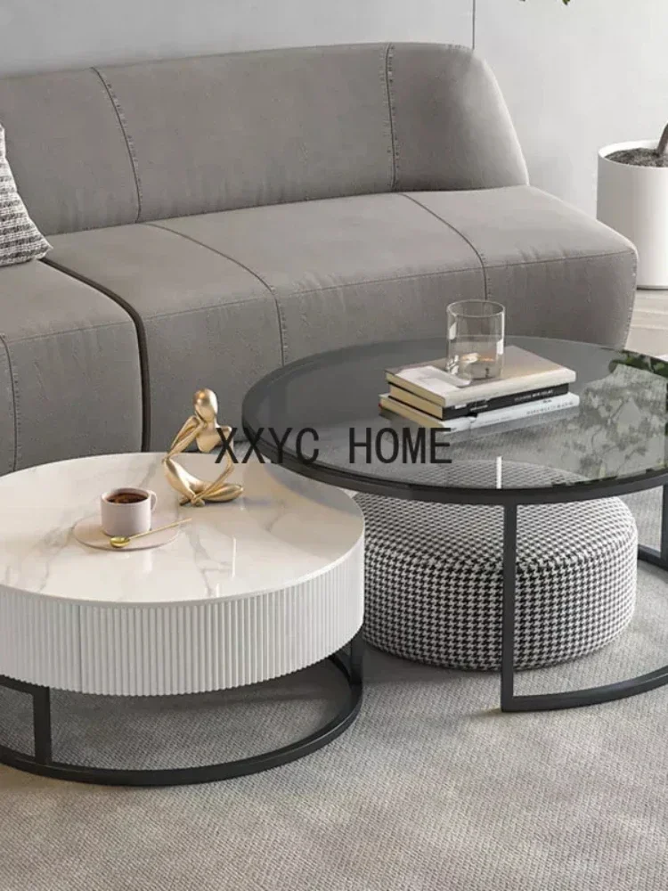 Design Modern Coffee Luxury Nordic Metal Round Corner  White Glass Center Meubles Living Room Furniture