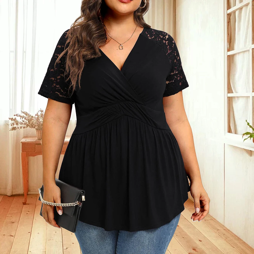 Plus Size XL-5XL T-shirt For Women Summer Casual V-neck Lace Spliced Solid Color Pleated Raglan Short Sleeve Elegant Tops Female