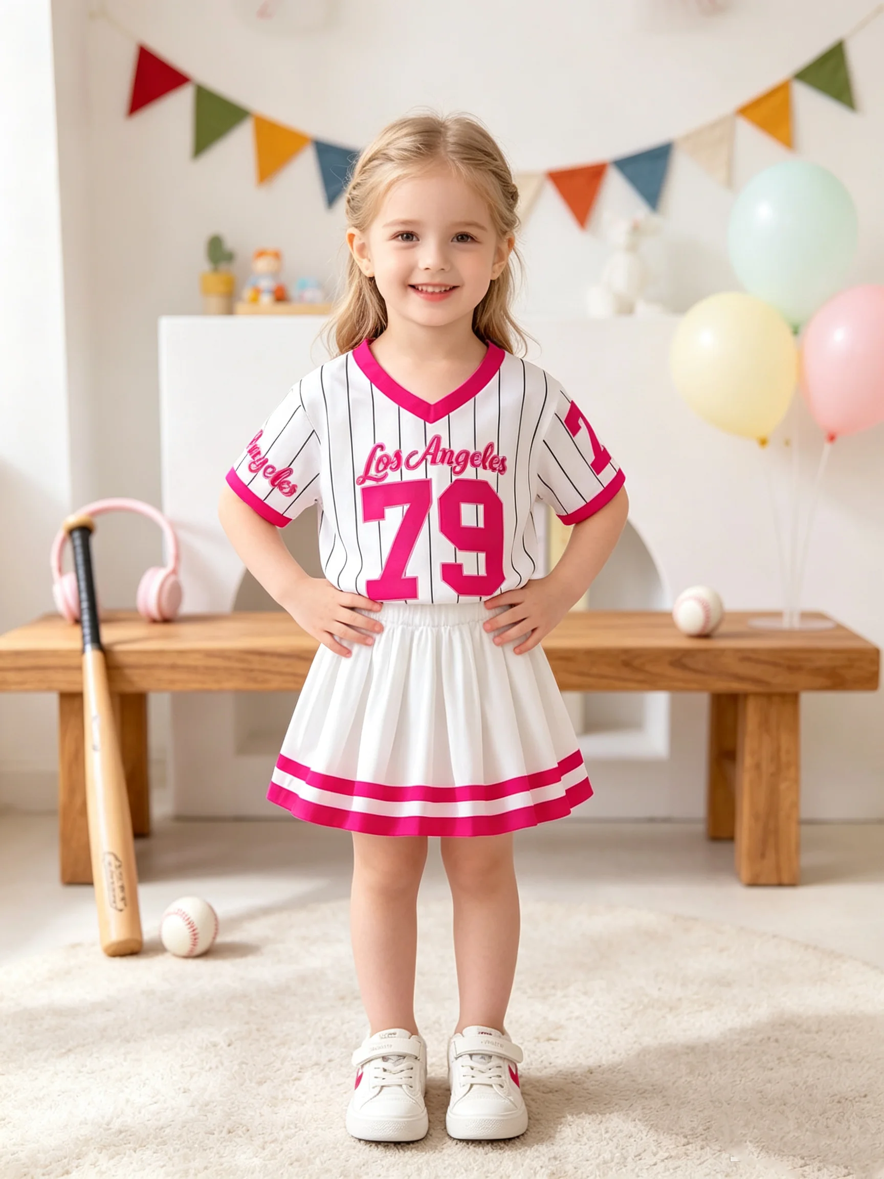 Kinder-Bekleidungsset: V-Ausschnitt, gestreiftes, alphanumerisch bedrucktes Kurzarm-T-Shirt, elastische Taille, lockere Shorts, Outfit für Kinder – Detail 3