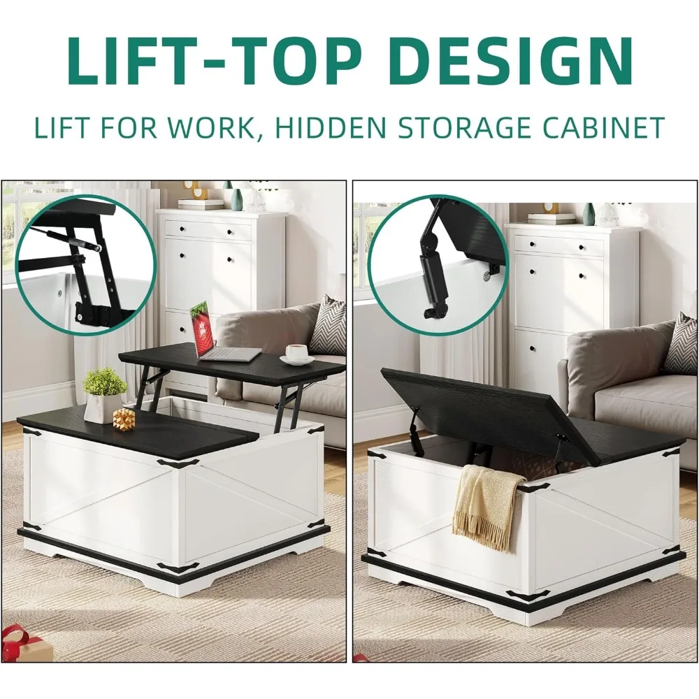 Rustic Square Lift-Top Coffee Table with Hidden Storage for Living Room
