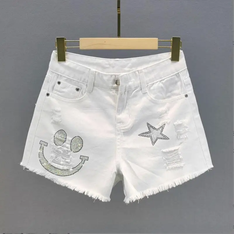 

White Hole Denim Short Women 2022 Summer New High Waist Loose Hot Drill Burrs Shorts Jeans Feminino w278