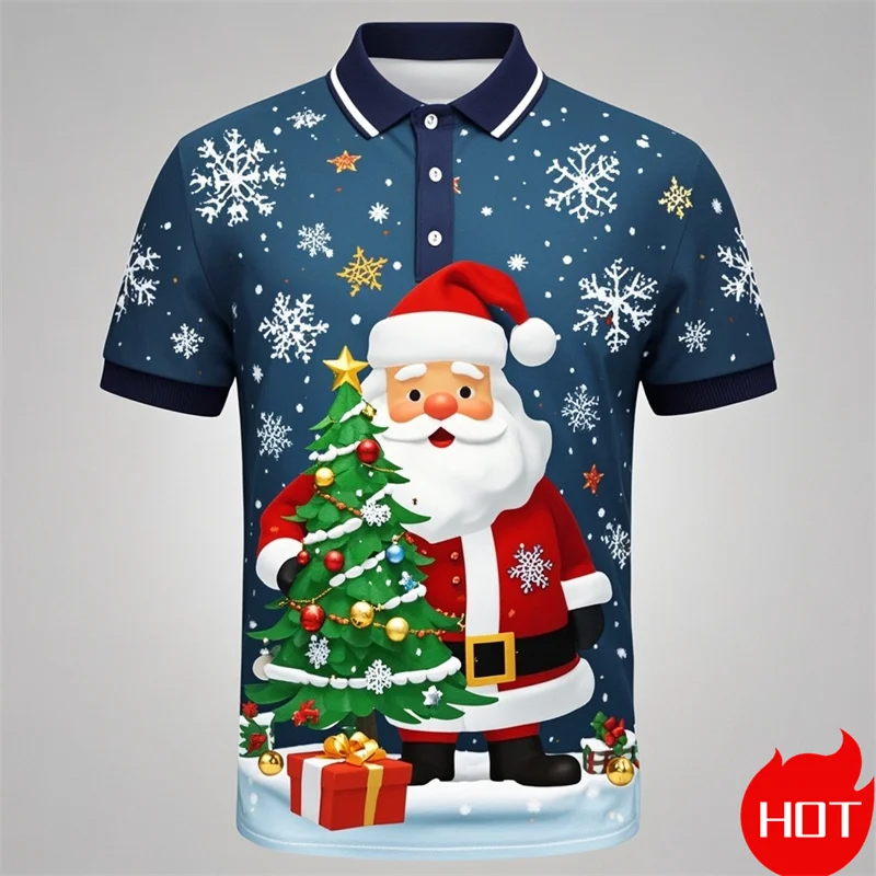 Funny 3D Cute Santa Claus Xmas Printing Polo Shirt For Men Happy Christmas Graphic Merry Christmas Graphic Shirts Blouses Polos