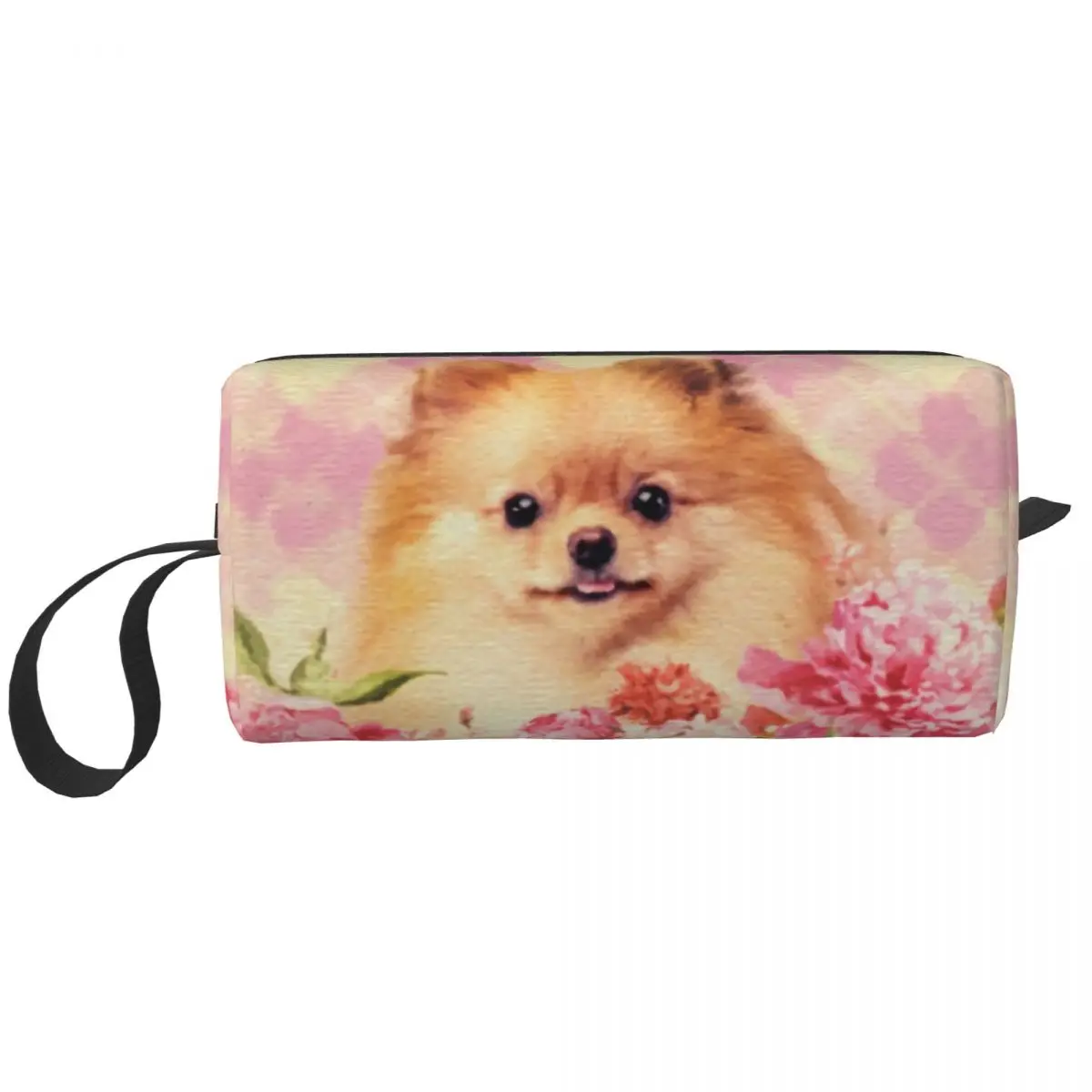 Cute Pomeranian German Spitz With Flowers Cosmetic Bag Kawaii Large Capacity Pet Dog Makeup Case Beauty Storage Toiletry Bags