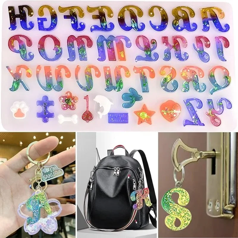 Silicone Alphabet Resin Mold Large Letter Silicone Keychain Mold with Art Flower Edge, Cat Paw, Star, Dog Bone, Heart DIY Pendan