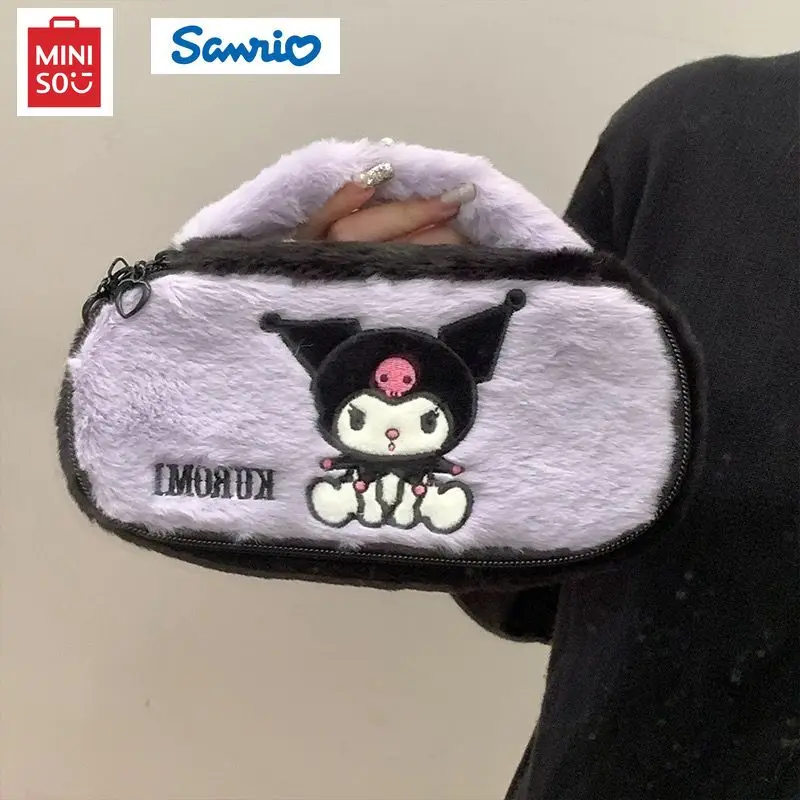 Miniso Sanrio Pen Bag Cartoon Kuromi Plush Pencil Case Large Capacity Cute Korean Stationery Makeup Bag Kawaii Bag Kids Gift